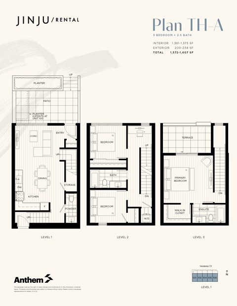 Floor plan for 3 beds, 2.5 baths, 1372 sqft
