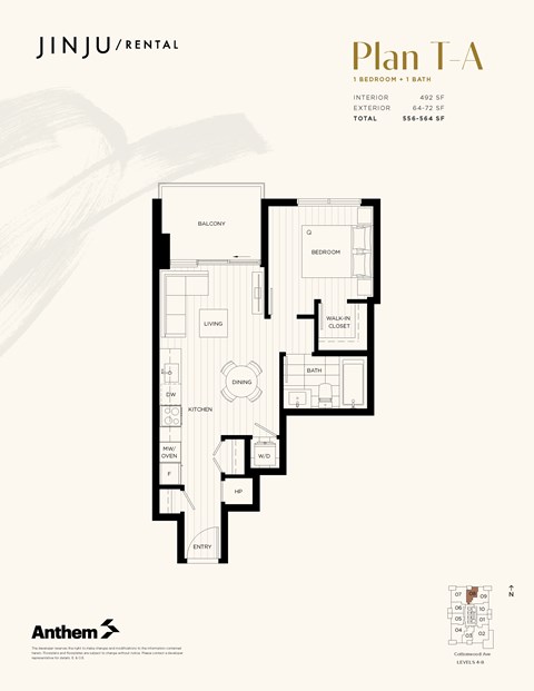 Floor plan for 1 bed, 1 bath, 492 sqft