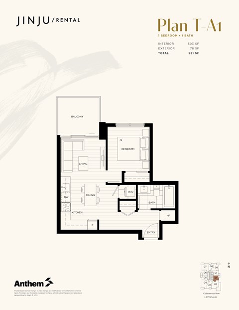 Floor plan for 1 bed, 1 bath, 503 sqft