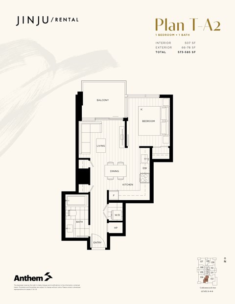 Floor plan for 1 bed, 1 bath, 507 sqft