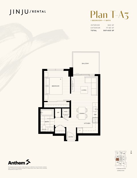 Floor plan for 1 bed, 1 bath, 520 sqft