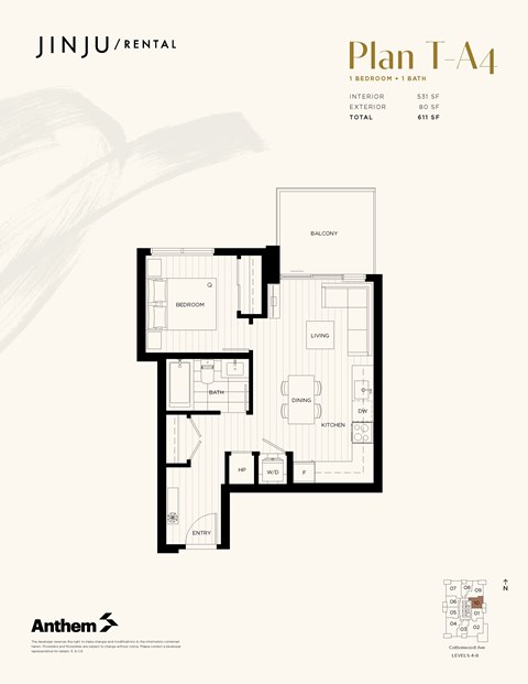 Floor plan for 1 bed, 1 bath, 531 sqft