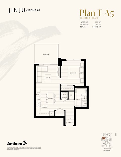 Floor plan for 1 bed, 1 bath, 533 sqft