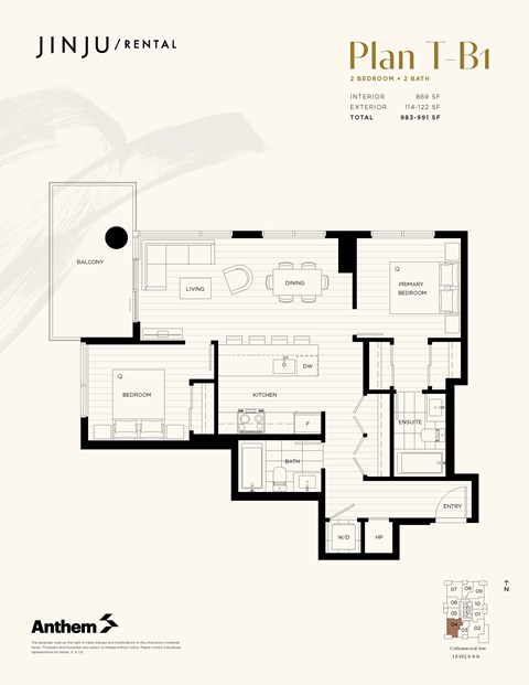 Floor plan for 2 beds, 2 baths, 869 sqft