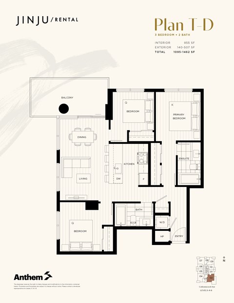 Floor plan for 3 beds, 2 baths, 955 sqft