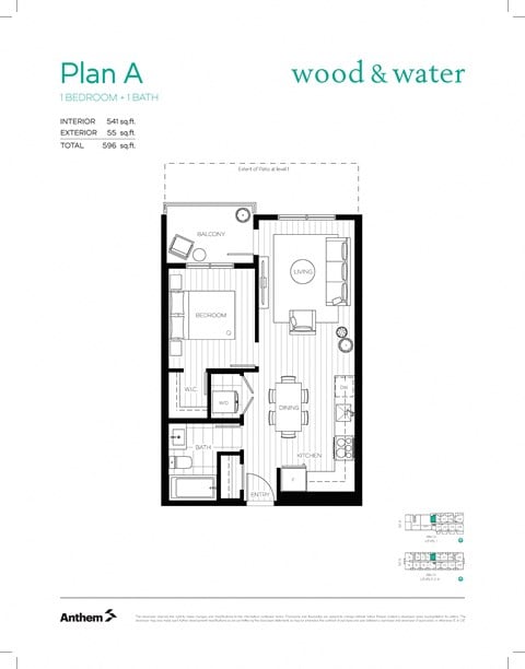 Floor plan for 1 bed, 1 bath, 541 sqft