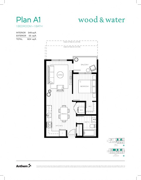 Floor plan for 1 bed, 1 bath, 549 sqft