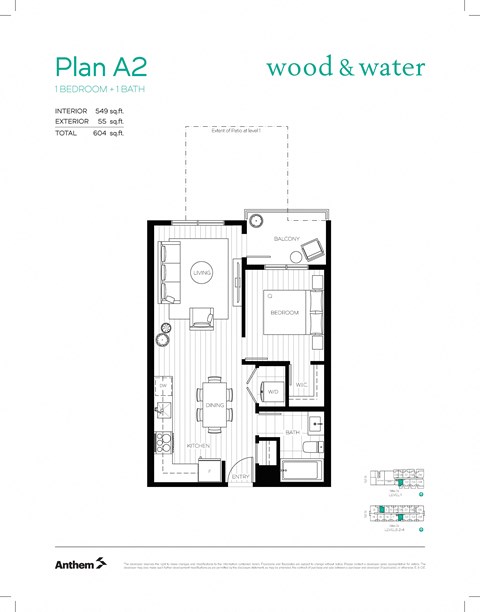 Floor plan for 1 bed, 1 bath, 549 sqft