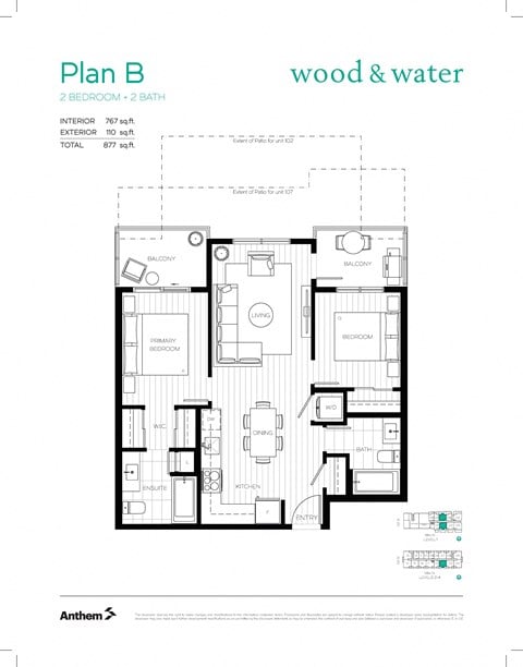 Floor plan for 2 beds, 2 baths, 767 sqft