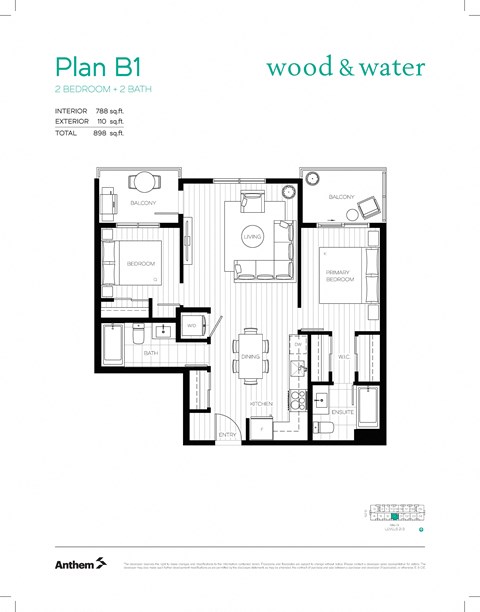 Floor plan for 2 beds, 2 baths, 788 sqft