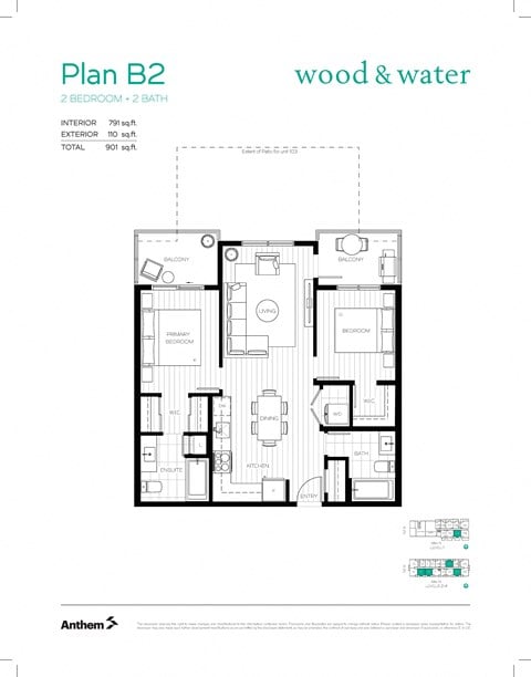 Floor plan for 2 beds, 2 baths, 791 sqft