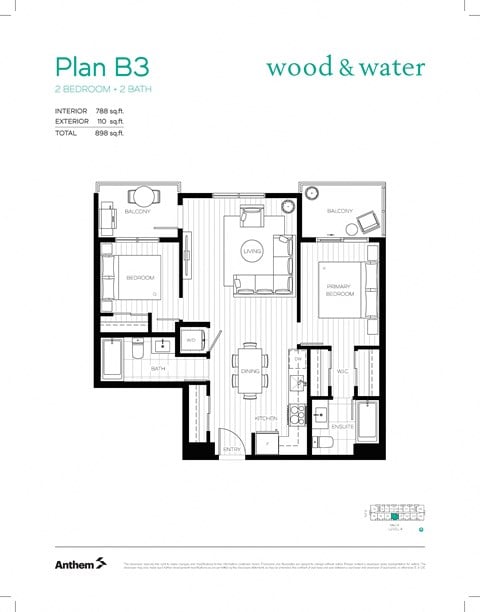 Floor plan for 2 beds, 2 baths, 788 sqft