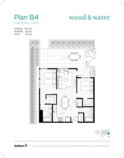 Floor plan for 2 beds, 2 baths, 847 sqft