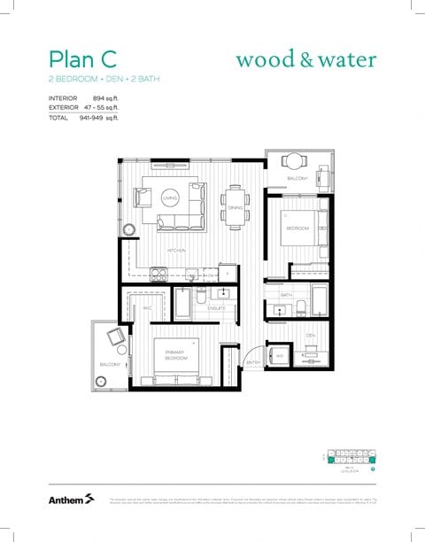 Floor plan for 2 beds, 2 baths, 938 sqft