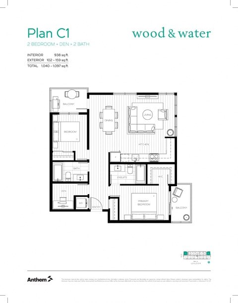 Floor plan for 2 beds, 2 baths, 894 sqft