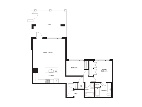 Floor plan for 2 beds, 1 bath, 946 sqft