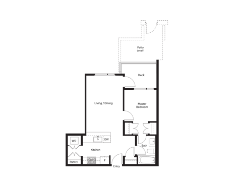Floor plan for 1 bed, 1 bath, 670 sqft