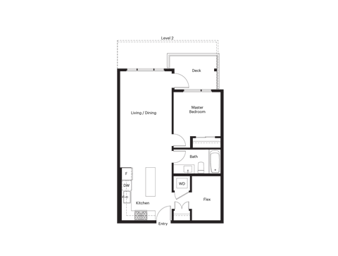 Floor plan for 1 bed, 1 bath, 670 sqft