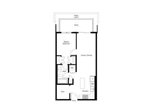 Floor plan for 1 bed, 1 bath, 640 sqft