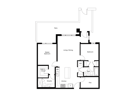 Floor plan for 2 beds, 1 bath, 730 sqft