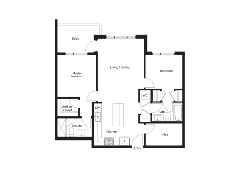 Floor plan for 2 beds, 1 bath, 935 sqft