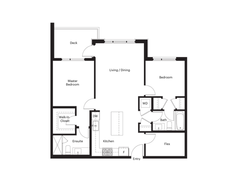 Floor plan for 2 beds, 1 bath, 955 sqft