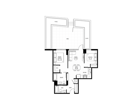 Floor plan for 2 beds, 2 baths, 731 sqft