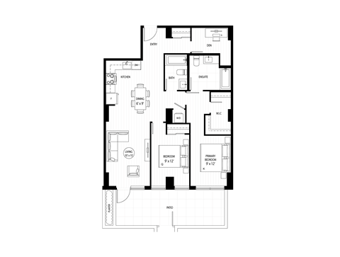 Floor plan for 2 beds, 2 baths
