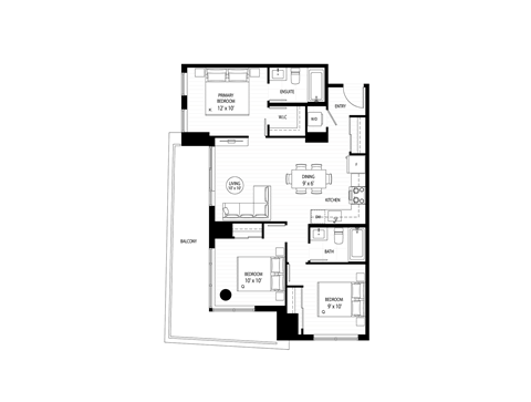 Floor plan for 3 beds, 2 baths