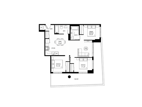Floor plan for 3 beds, 2 baths, 906 sqft