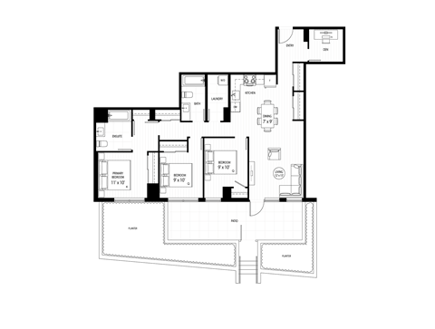 Floor plan for 3 beds, 2 baths, 1255 sqft