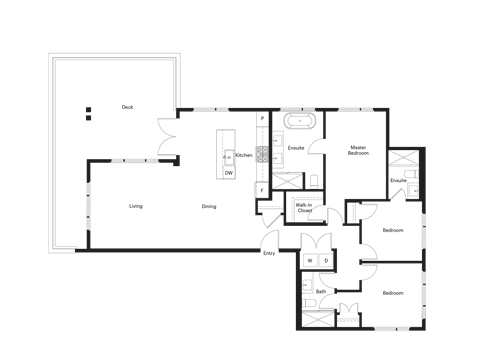 Floor plan for 3 beds, 2 baths