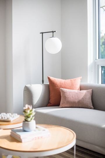 North Vancouver apartment for rent - A living room with a grey couch, a small table with a plant and a book on it, and a floor lamp.