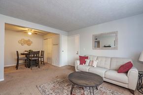 New Albany apartment for rent - A living room with a couch, a dining table, and a rug.