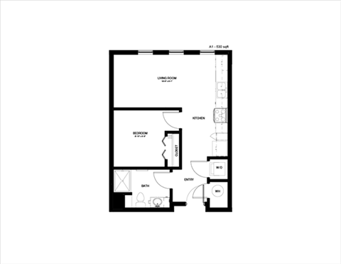 Floor plan for 1 bed, 1 bath, 530 sqft