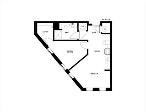 Floor plan for 1 bed, 1 bath, 572 sqft
