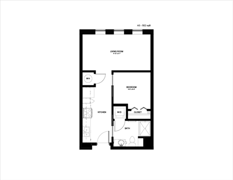 Floor plan for 1 bed, 1 bath, 502 sqft