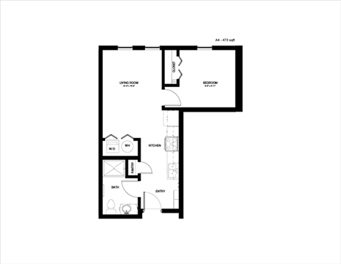 Floor plan for 1 bed, 1 bath, 473 sqft