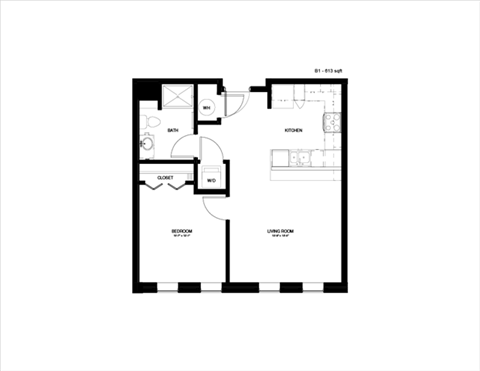 Floor plan for 1 bed, 1 bath, 613 sqft