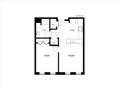 Floor plan for 1 bed, 1 bath, 623 sqft