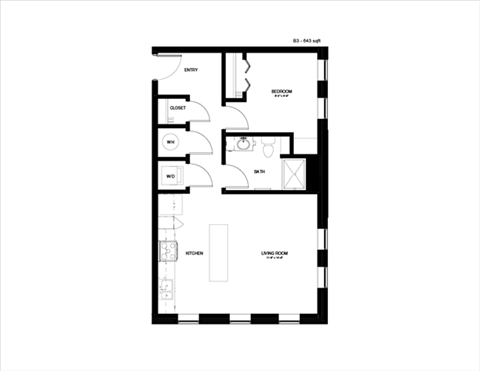 Floor plan for 1 bed, 1 bath, 643 sqft