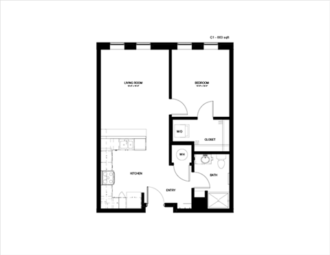 Floor plan for 1 bed, 1 bath, 663 sqft