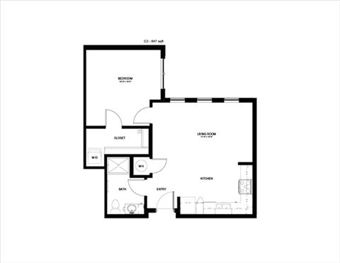 Floor plan for 1 bed, 1 bath, 647 sqft
