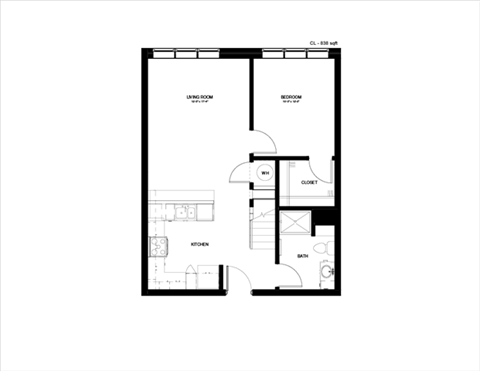Floor plan for 1 bed, 1 bath, 838 sqft