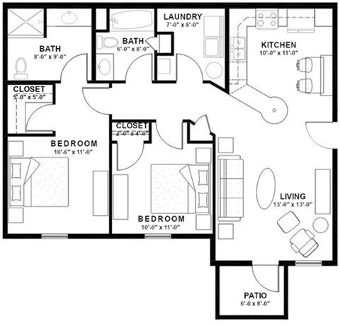 Floor plan for 2 beds, 2 baths, 1057 sqft