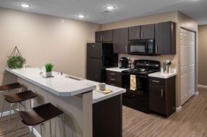 Sellersburg apartment for rent - modern kitchen with black appliances and white countertops in an apartment