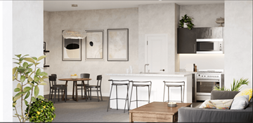 Louisville apartment for rent - A modern kitchen with a dining table and chairs.