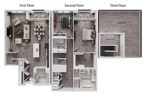 Floor plan for 2 beds, 3 baths, 1945 sqft