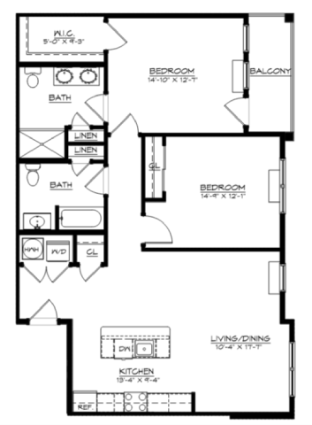 Floor plan for 2 beds, 2 baths, 1268 sqft