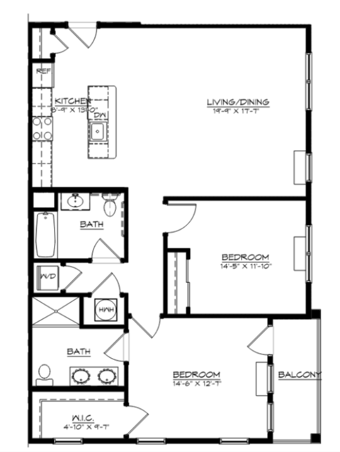 Floor plan for 2 beds, 2 baths, 1307 sqft